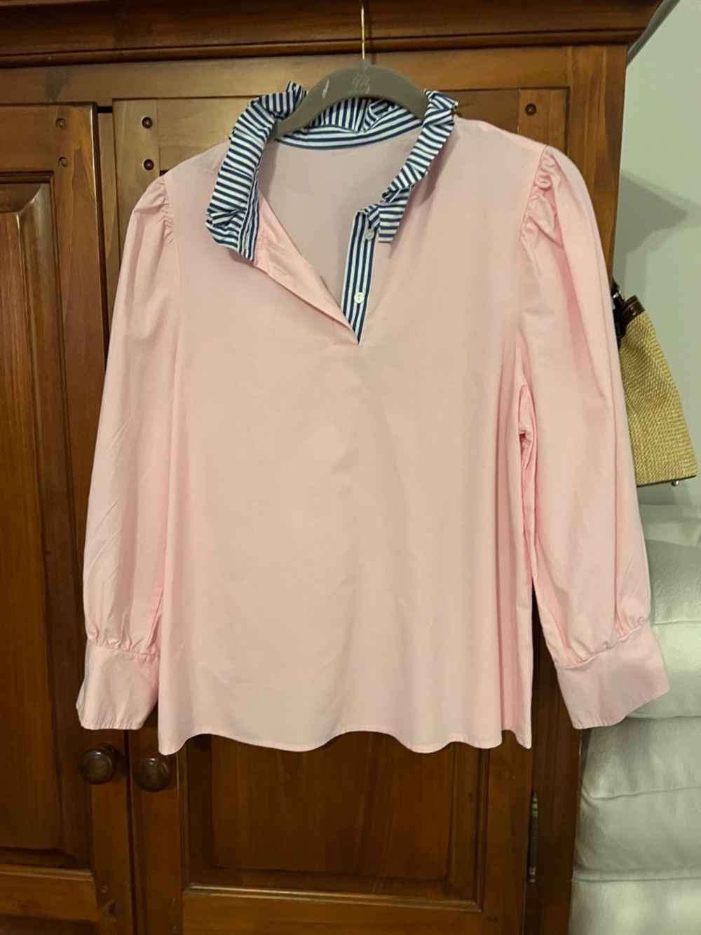 Pink Button-Down Blouse with Striped Collar - Women
